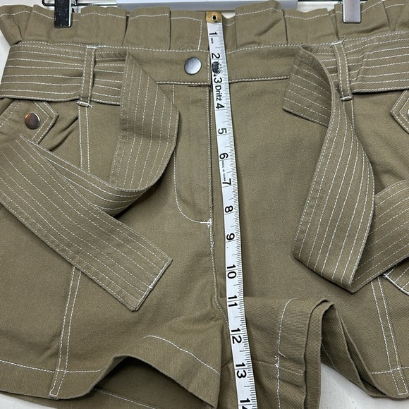 River Island 100% Cotton Khaki Green High Rise Paper Bag Belted Shorts Size US 6 - Picture 12 of 13